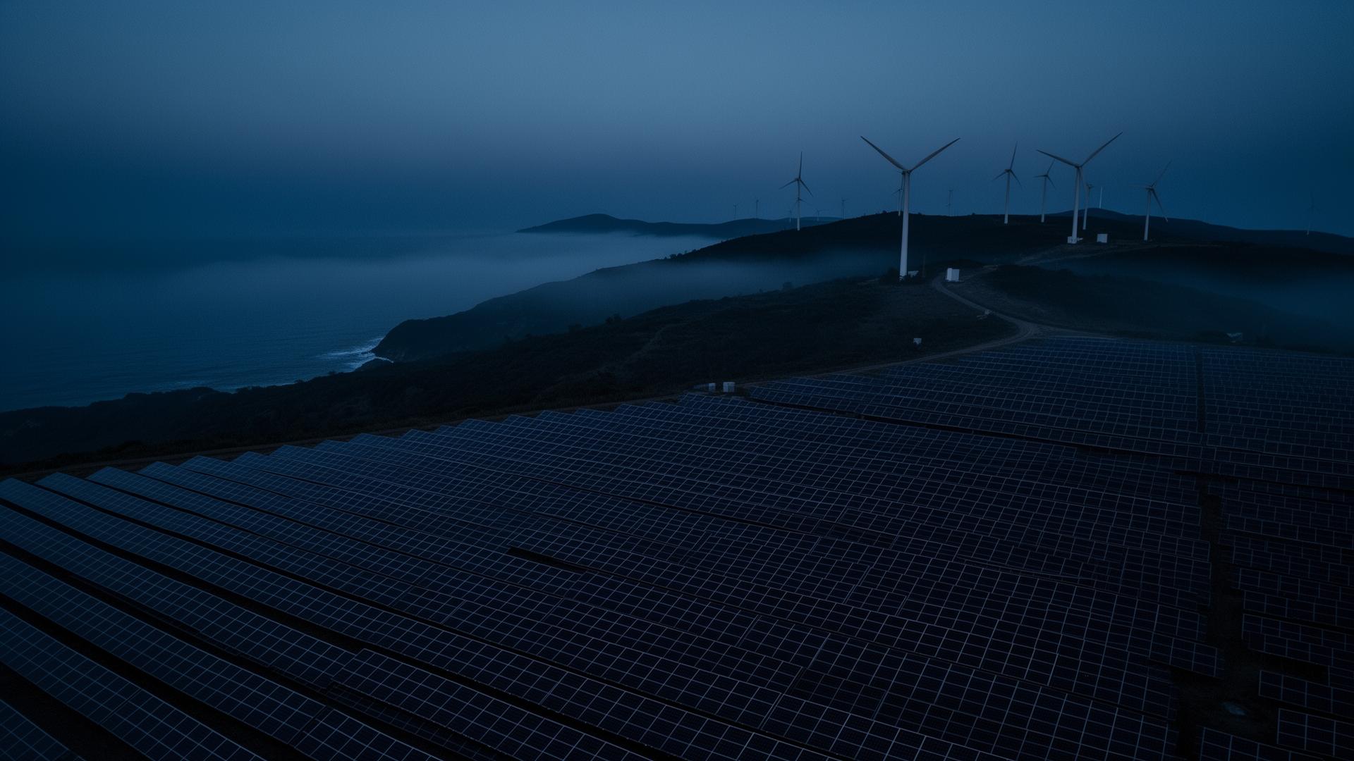 Parque solar y eólico al amanecer